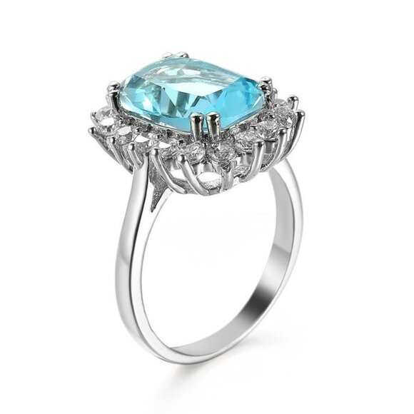 Jewelry ring blue center emerald shape sparkly halo statement 925 silver new - Picture 4 of 5